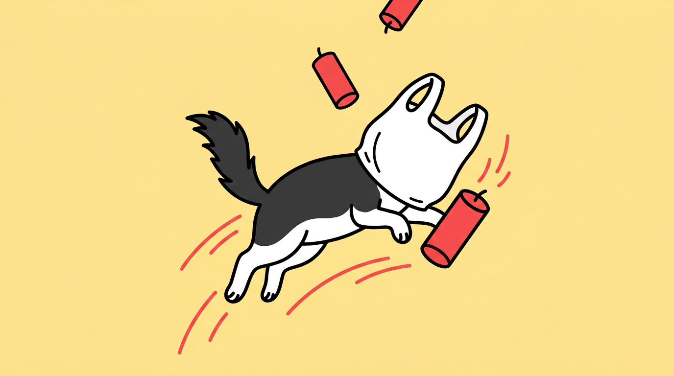 idea cat with a plastic bag on its head next to a fallen red candle
