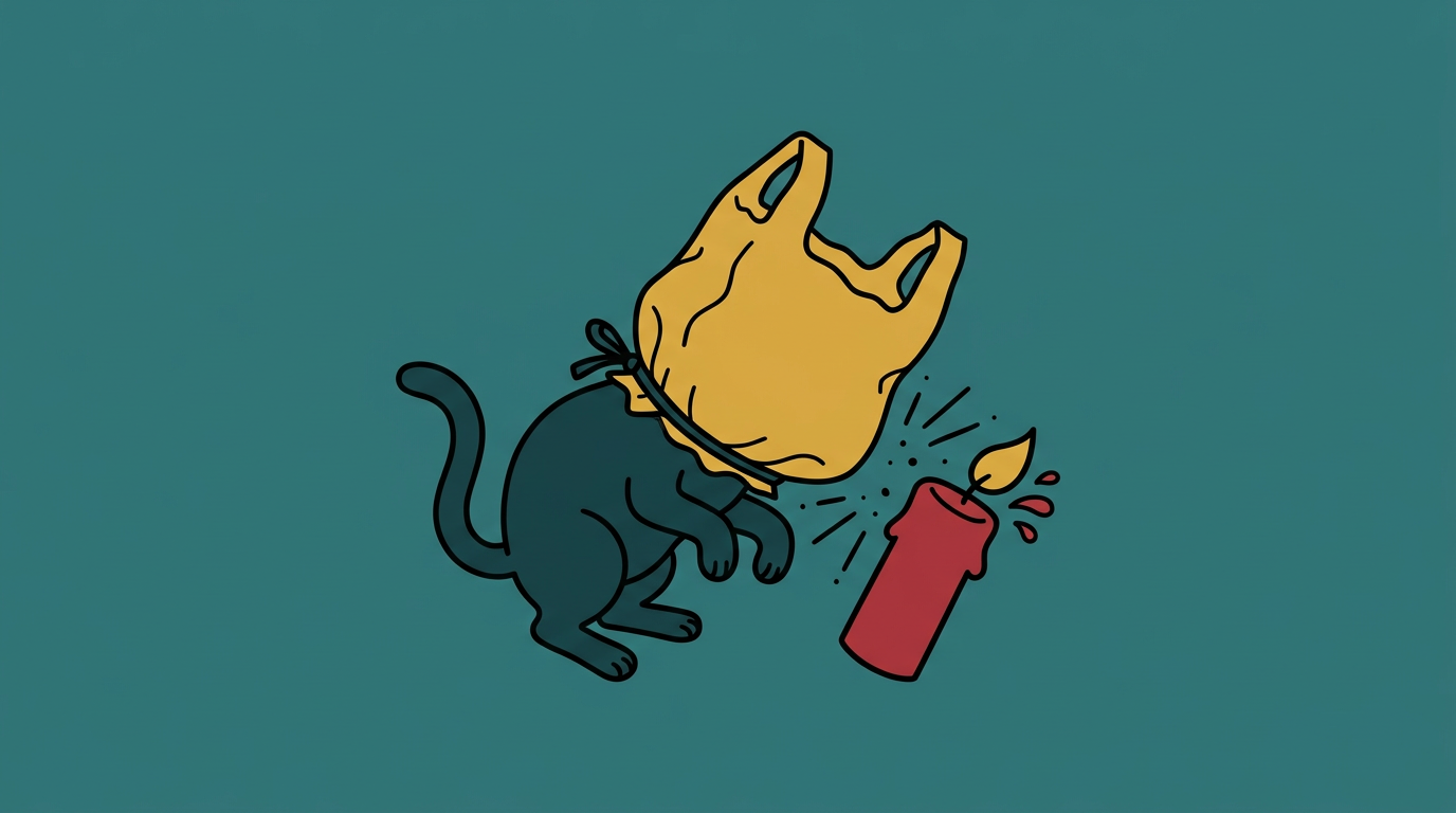 idea cat with a plastic bag on its head, character sheet drawing