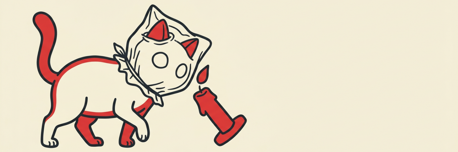 idea cat with the bag on, headbutting a red candle