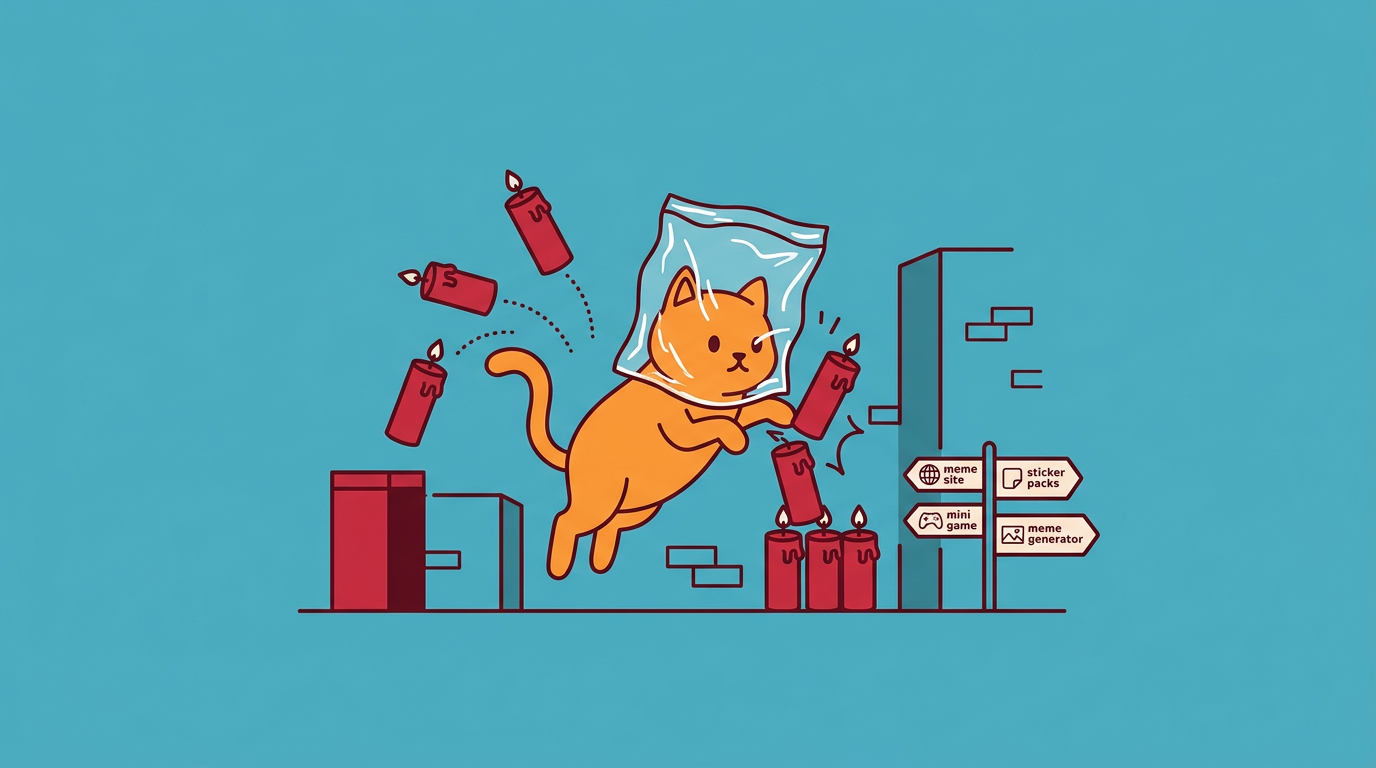 idea cat with a plastic bag on its head knocking over red candles